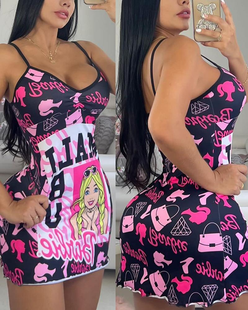 

Barbie Letter Cartoon Figure Print Sleep Dress, Hot pink