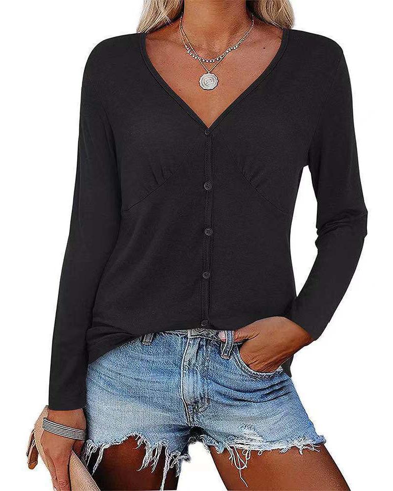 

Button Front Long Sleeve V-Neck Top, Black