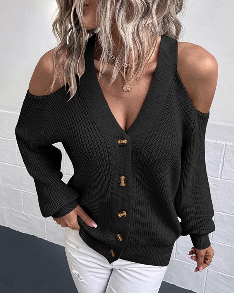 

Cold Shoulder Buttoned Knit Cardigan, Black