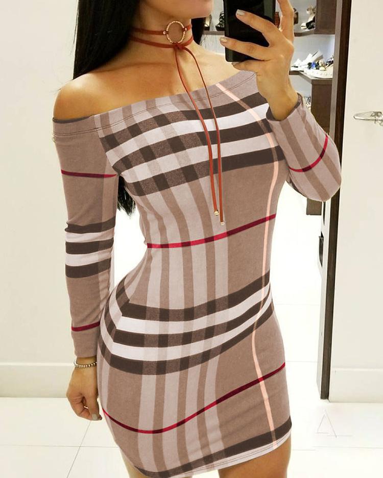 

Plaid Slash Neck Bodycon Mini Dress, Coffee