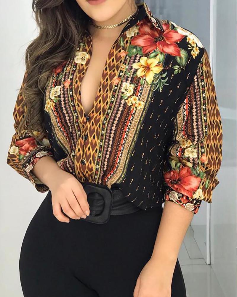 

Floral Print Button Design Long Sleeve Shirt, Black