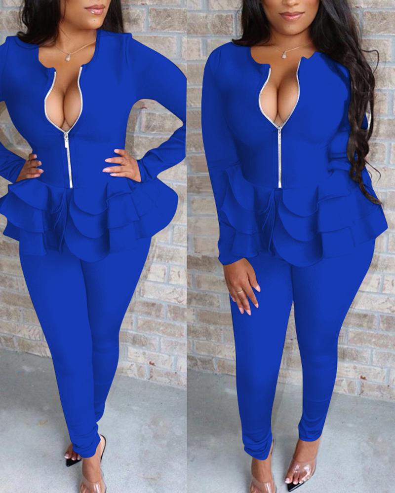 

Zipper Design Layered Ruffles Top & Pants Set, Blue