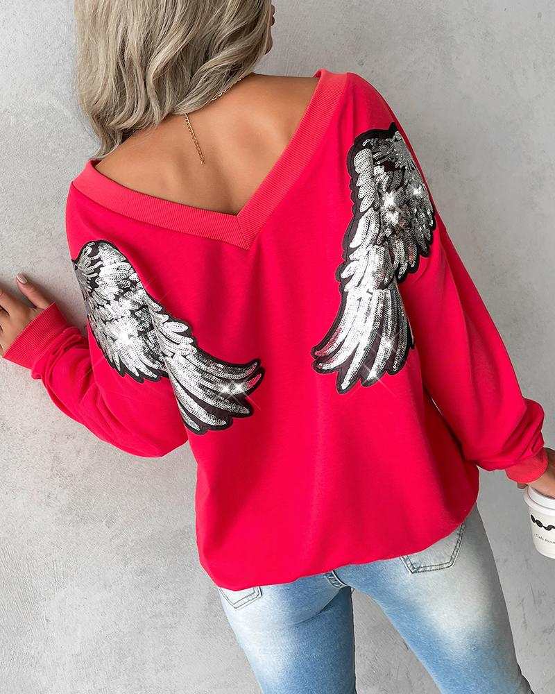 

Angel Wings Printing Long Sleeve Sweatshirt, Hot pink