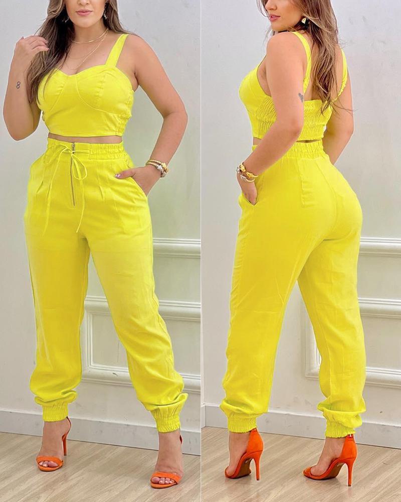 

Shirred Crop Top & Zip Fly High Waist Cuffed Pants Set, Yellow
