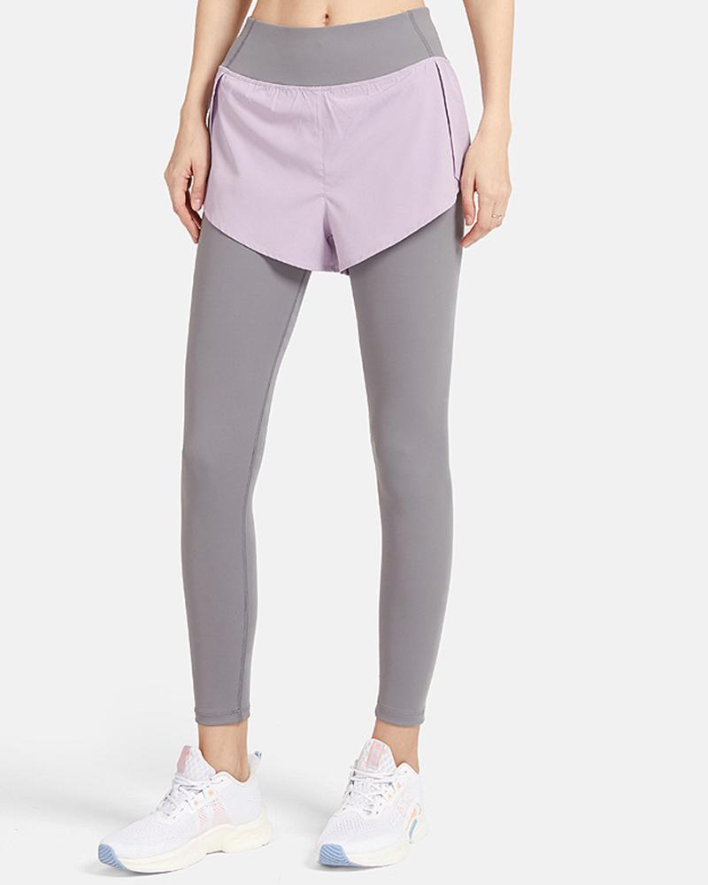 

Color Block High Waist Fake 2PC Sport Pants, Purple