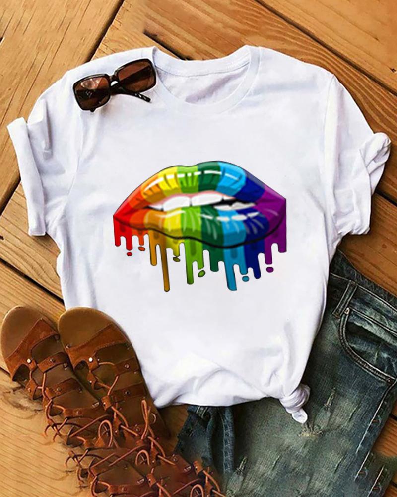 

Crew Neck Lip Print Casual T-shirt, White