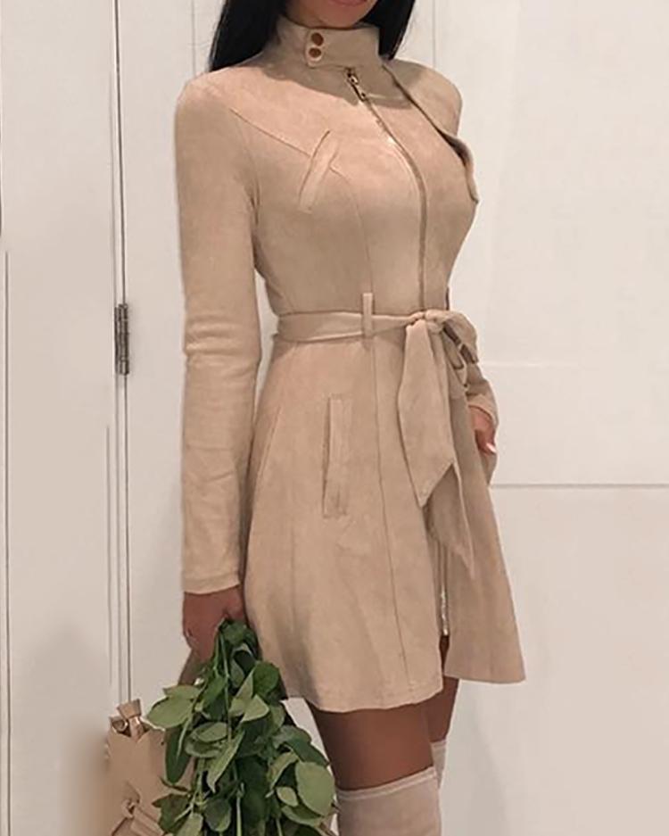 

Zipper Front Pocket Design Belted Dress, Nude