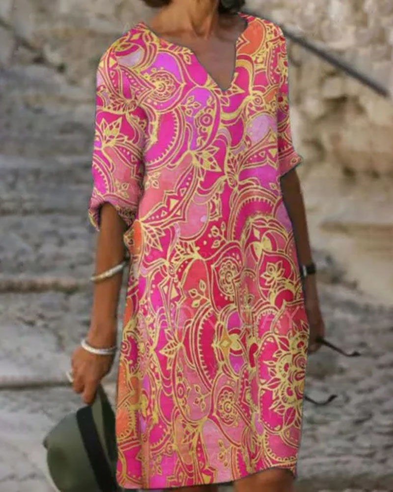 

Half Sleeve V-Neck Floral Pattern Print Dress, Red