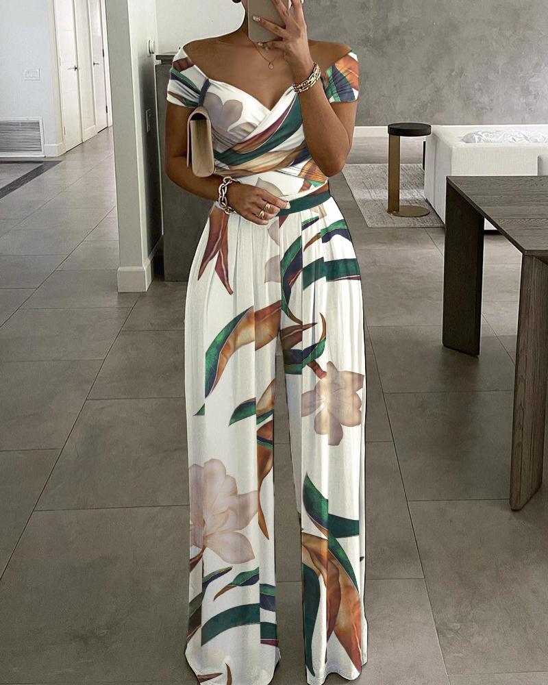

Plants Print Off Shoulder Wide Leg Jumpsuit, Green