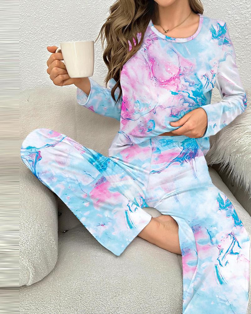 

Tie Dye Print Round Neck Pajamas Set, Multicolor