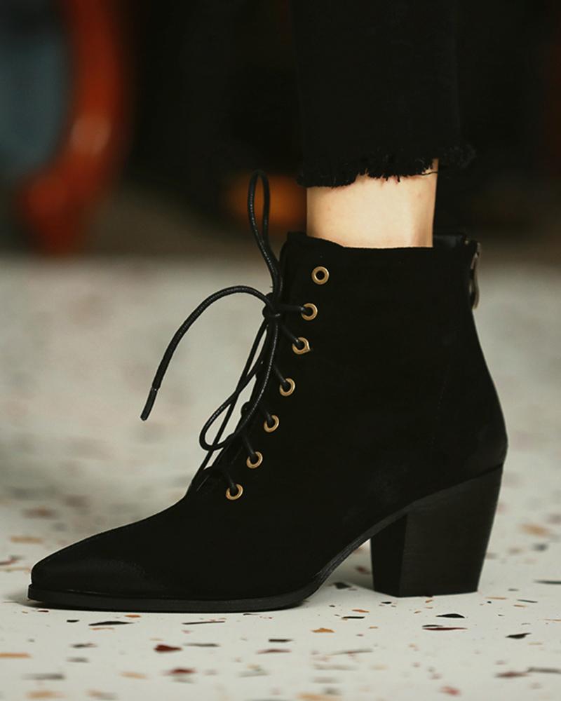 

Suede Pointed Toe Lace-up Front Chunky Boots, Black