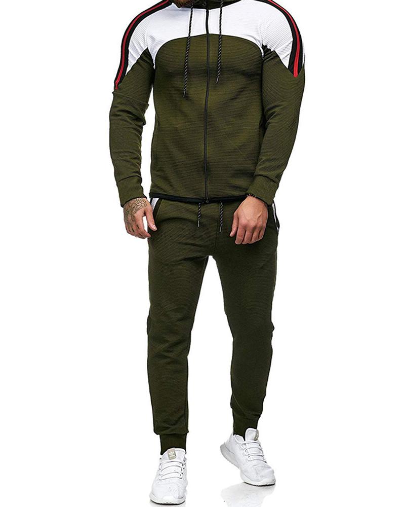 

Colorblock Long Sleeve Loose Hoodies Sweatshirts Suit Sets, Army green