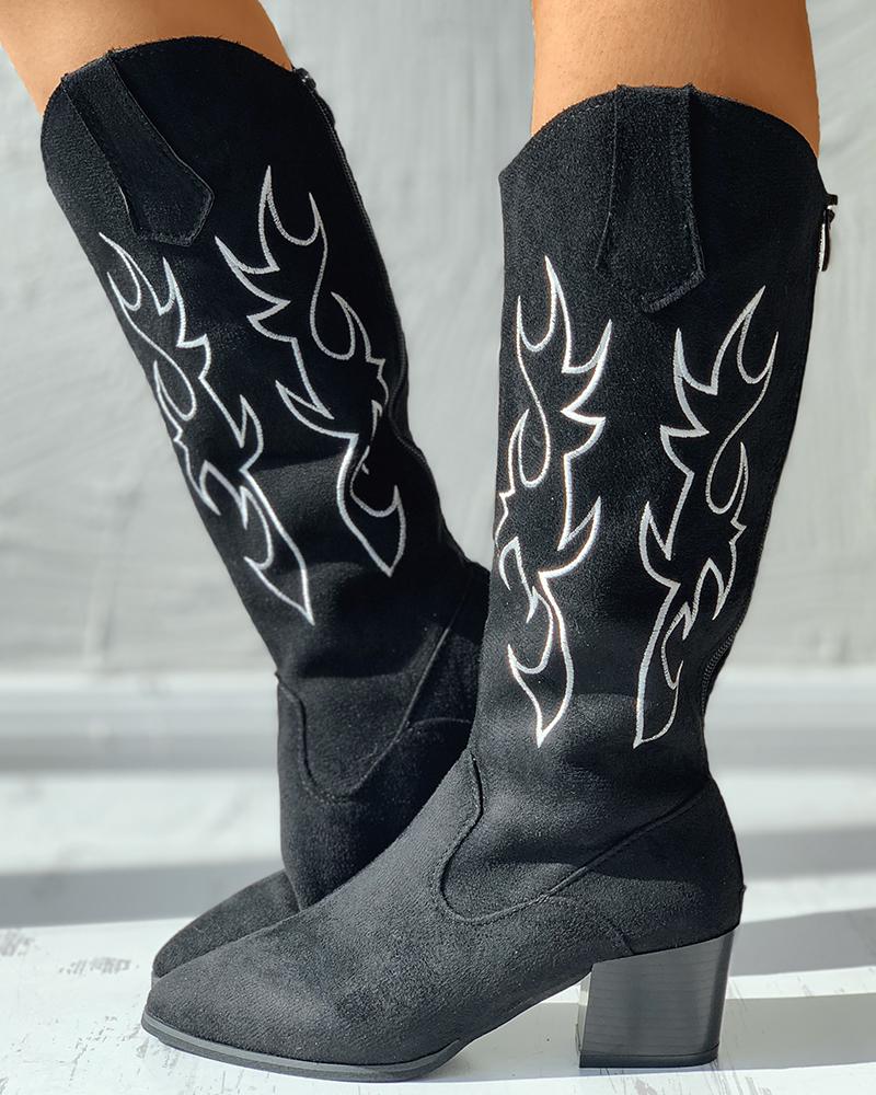 

Embroidery Zip Back Chunky Heeled Western Boots, Black