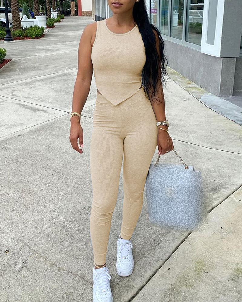 

Handkerchief Skinny Tank Top & High Waist Pants Set, Apricot