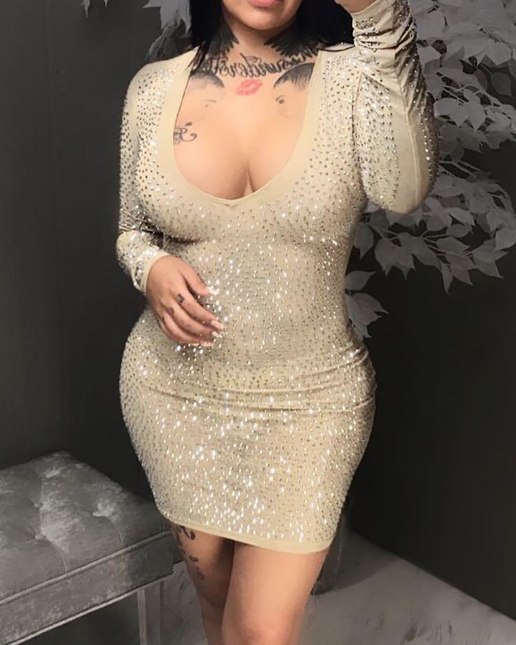 

Shiny Mesh Long Sleeve Mini Dress, Khaki