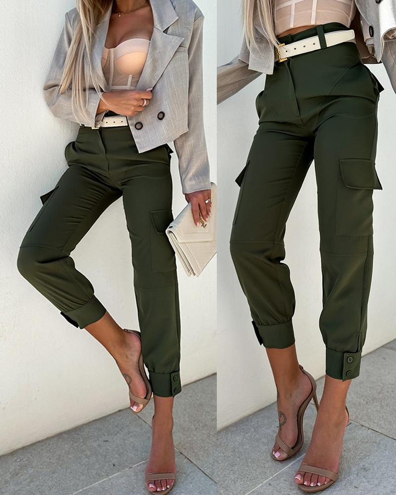 

High Waist Pocket Design Buttoned Cuffed Pants, Army green