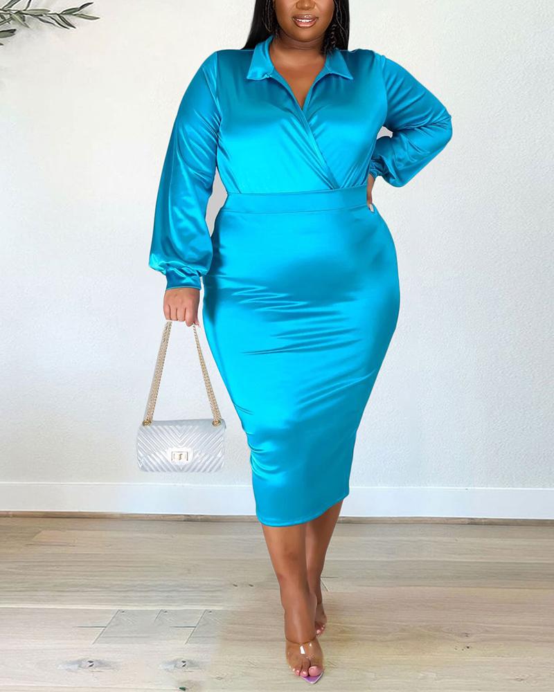 

Plus Size Long Sleeve Wrap Top & Skirt Set, Blue