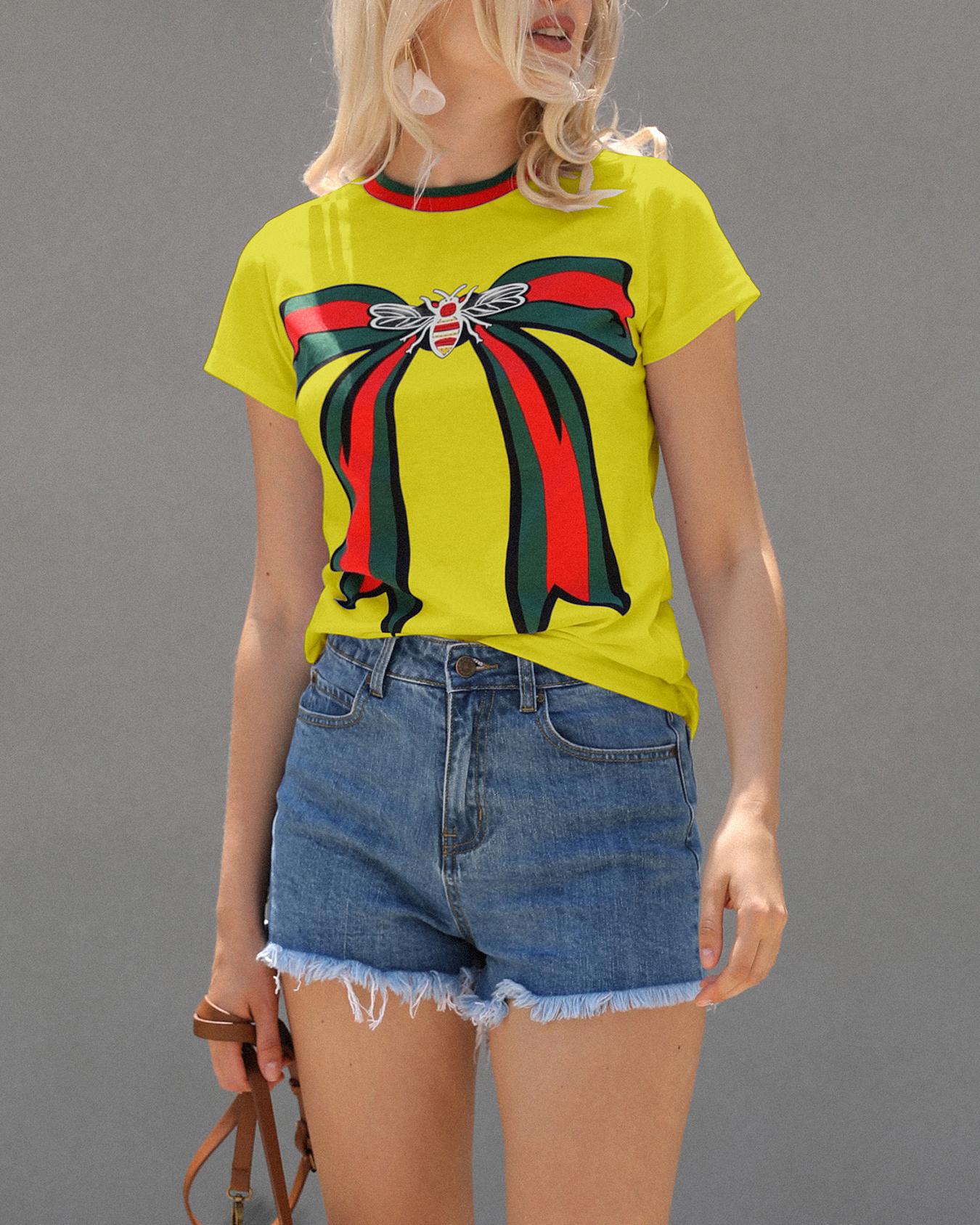 

Bee Bowknot Print Short Sleeve T-shirt, Yellow