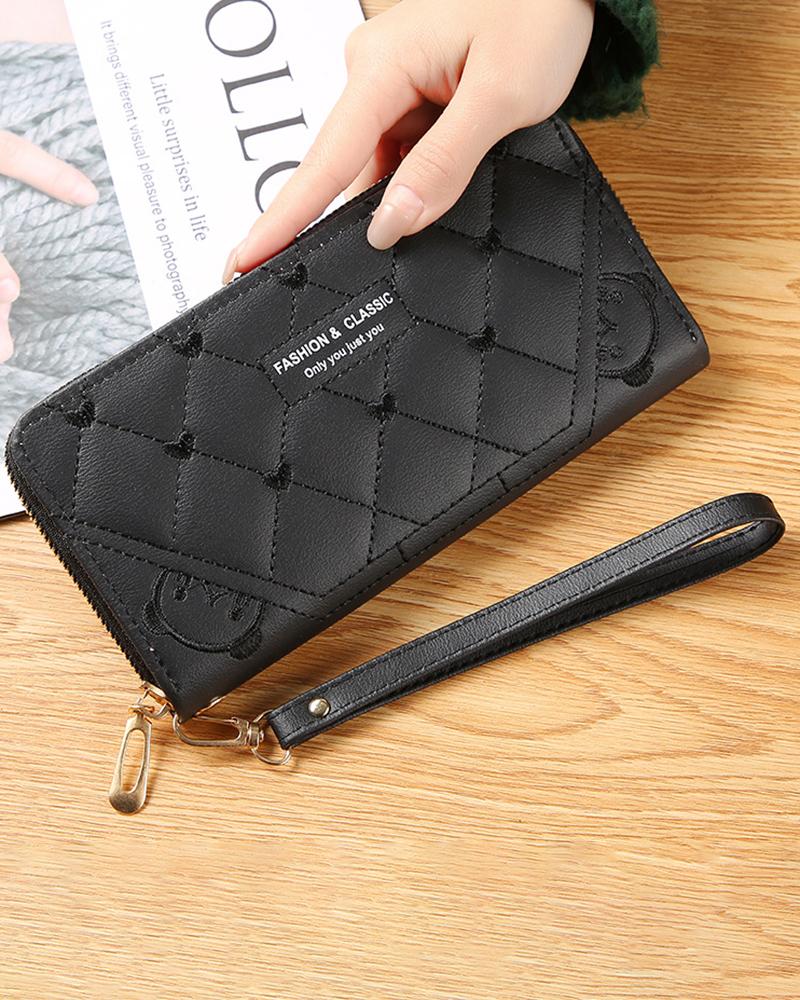 

Heart Pattern Quilted Zipper Purse, Black