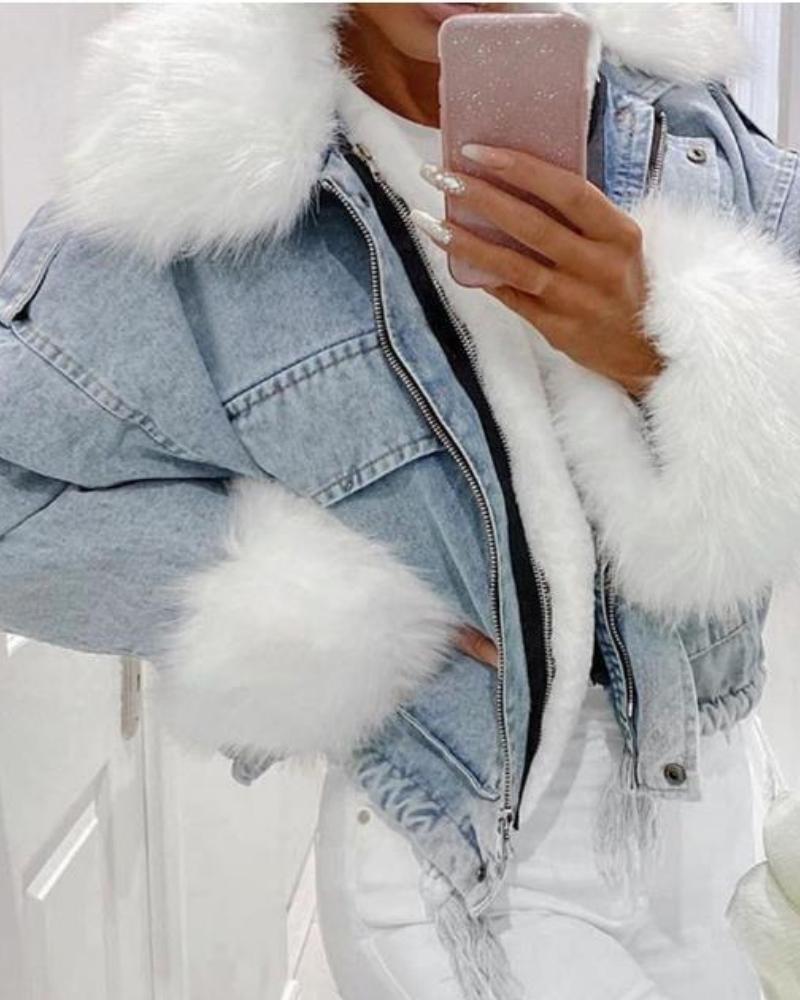 

Women's Casual Winter Coat Colorblock Faux Fur Patchwork Washing Effect Denim Jacket, Lighted blue