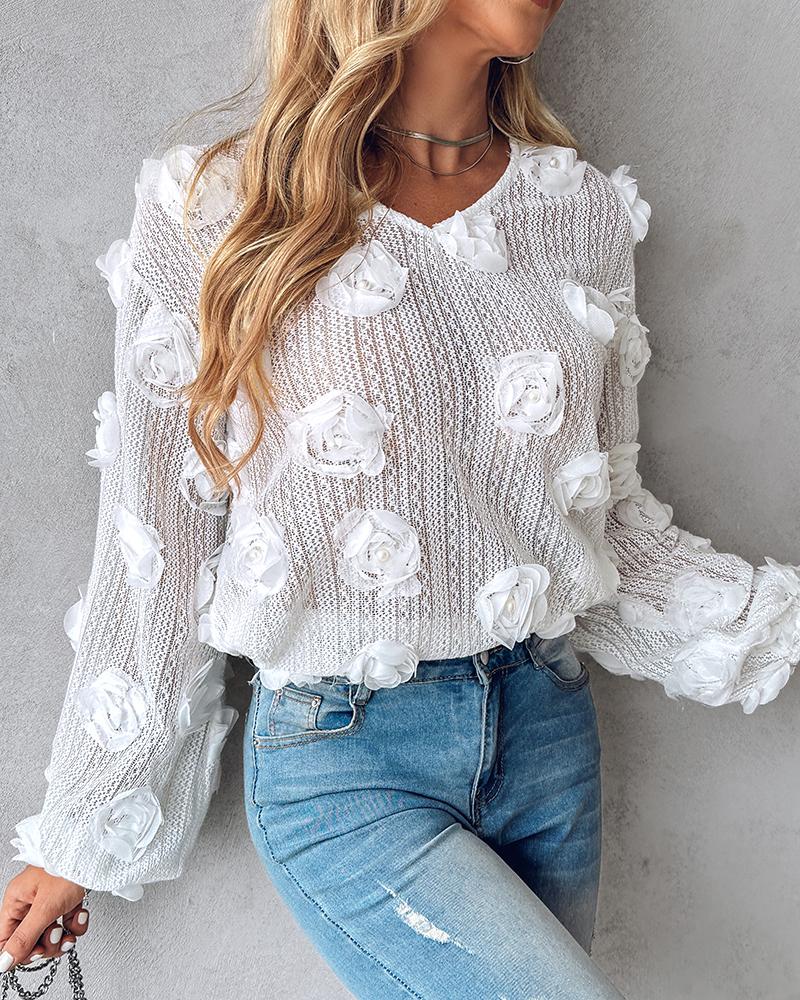 

Floral Pattern Beaded V-Neck Top, White