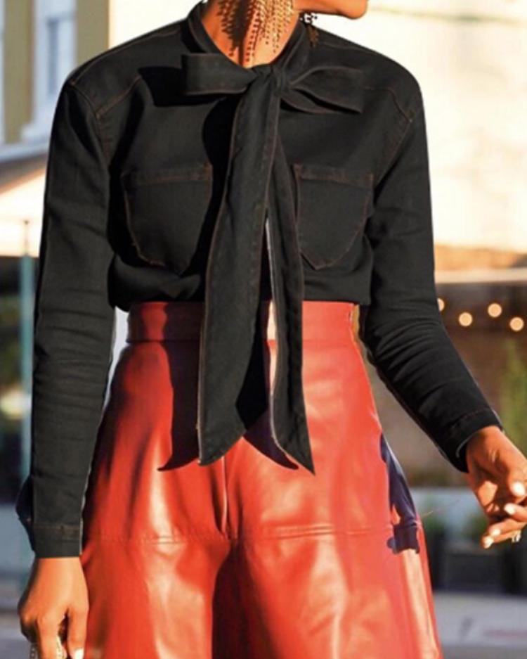 

Tie Neck Long Sleeve Denim Blouse, Black