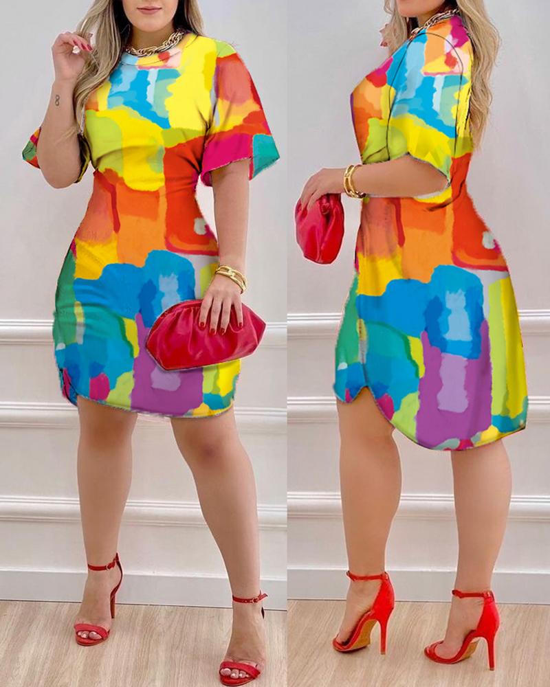 Melting Colors All Over Print Half Sleeve Dress