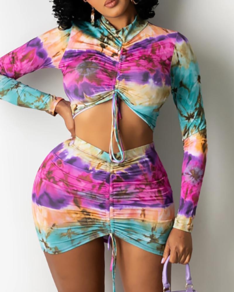 

Tie Dye Print Long Sleeve Drawstring Crop Top & Skirt Set, Purple