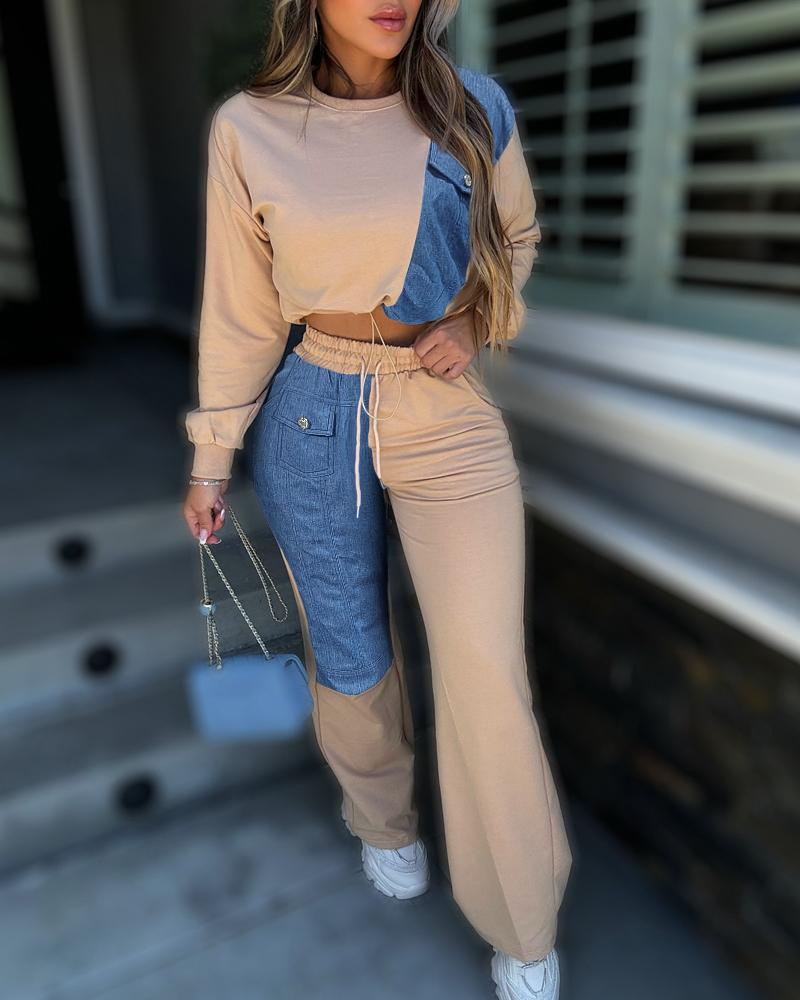 

2 Piece Long Sleeve Demin Patchwork Crop Drawstring Sweatshirt High Waist Pants Set Tracksuit, Khaki