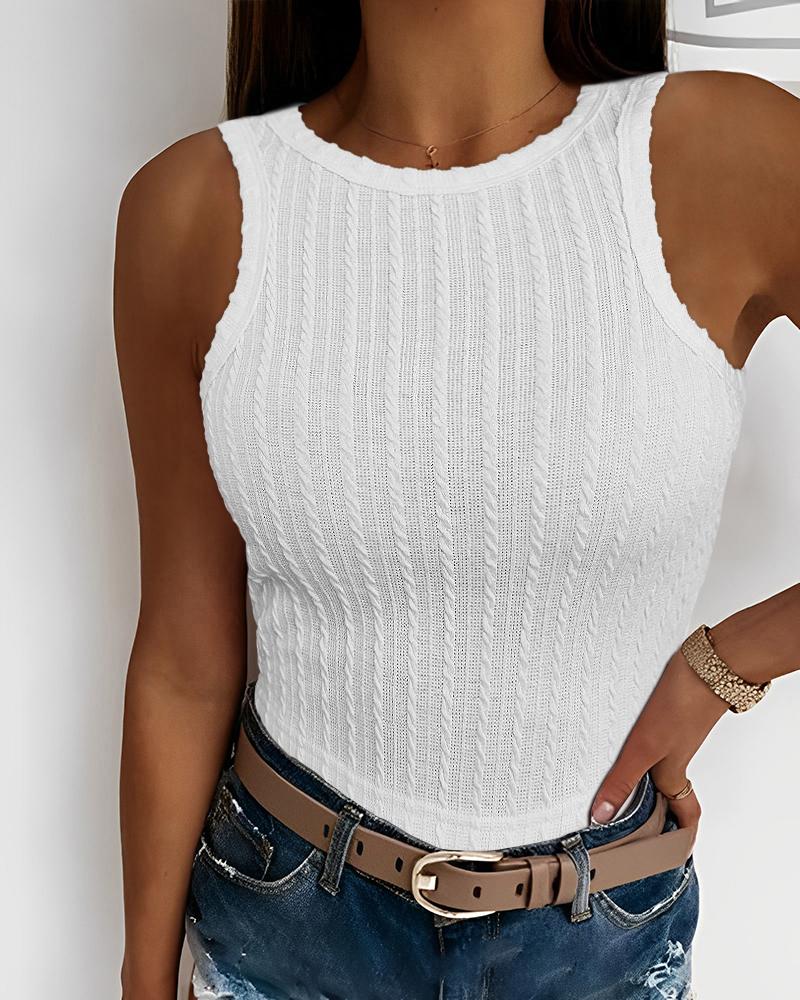 

Round Neck Textured Tank Top, White