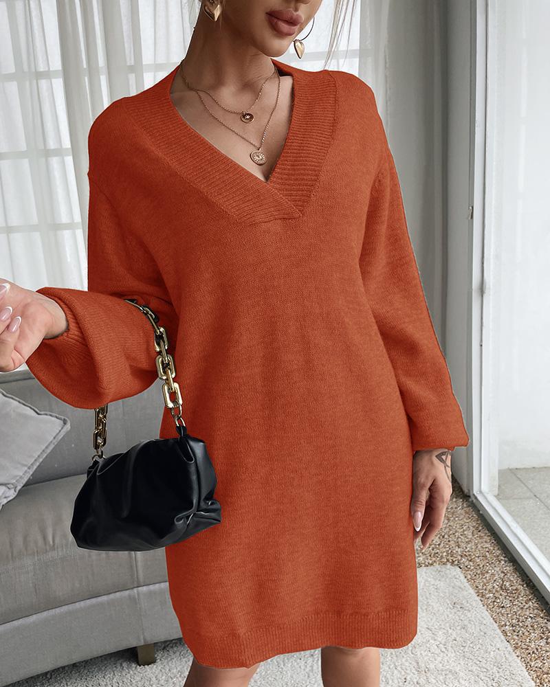 

Knit Long Sleeve V Neck Casual Dress, Red