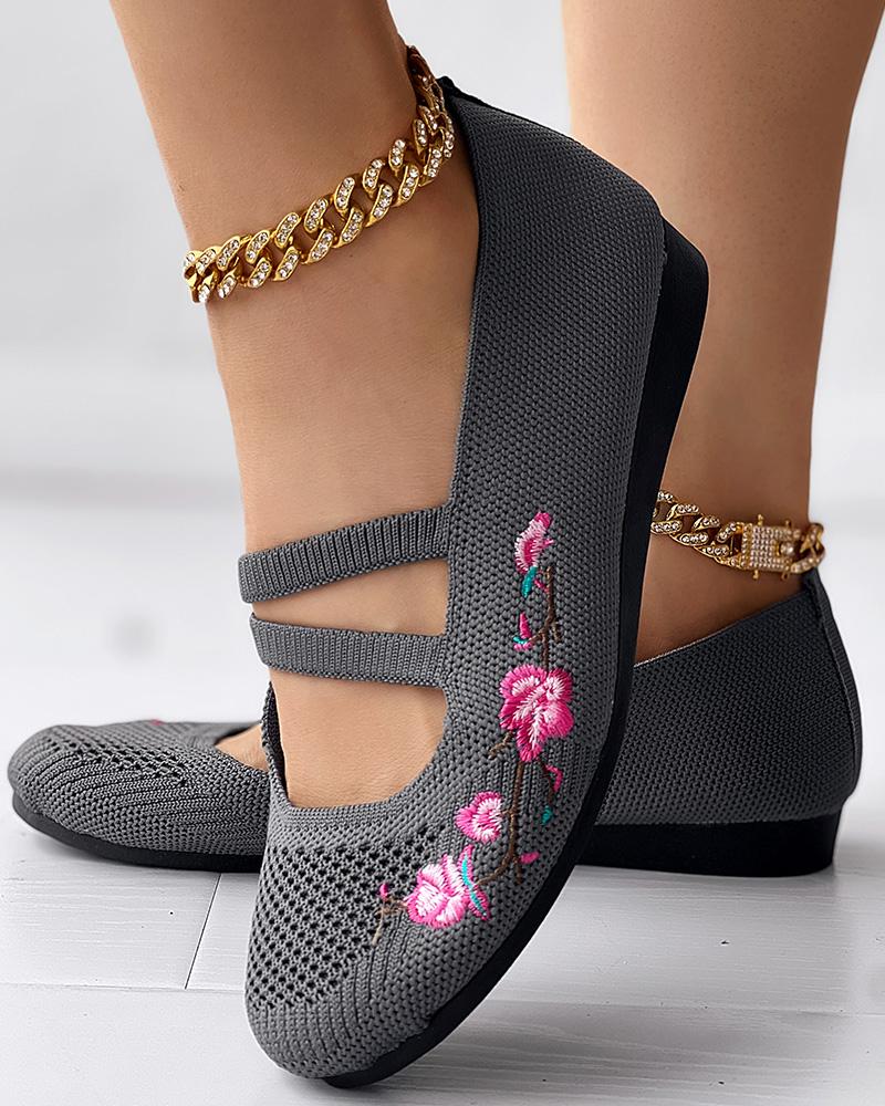 

Floral Embroidery Hollow Out Casual Loafers, Gray