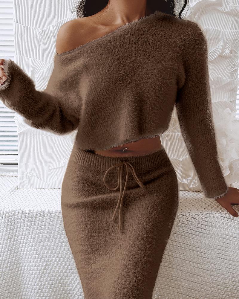 

Skew Neck Fuzzy Knit Sweater & Skirt Set, Khaki