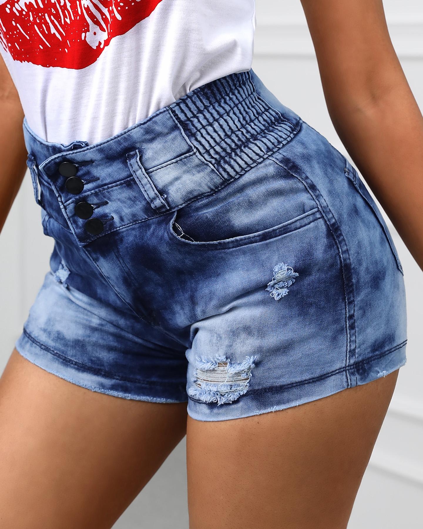 

Distressed High Waist Denim Jean Shorts, Dark blue