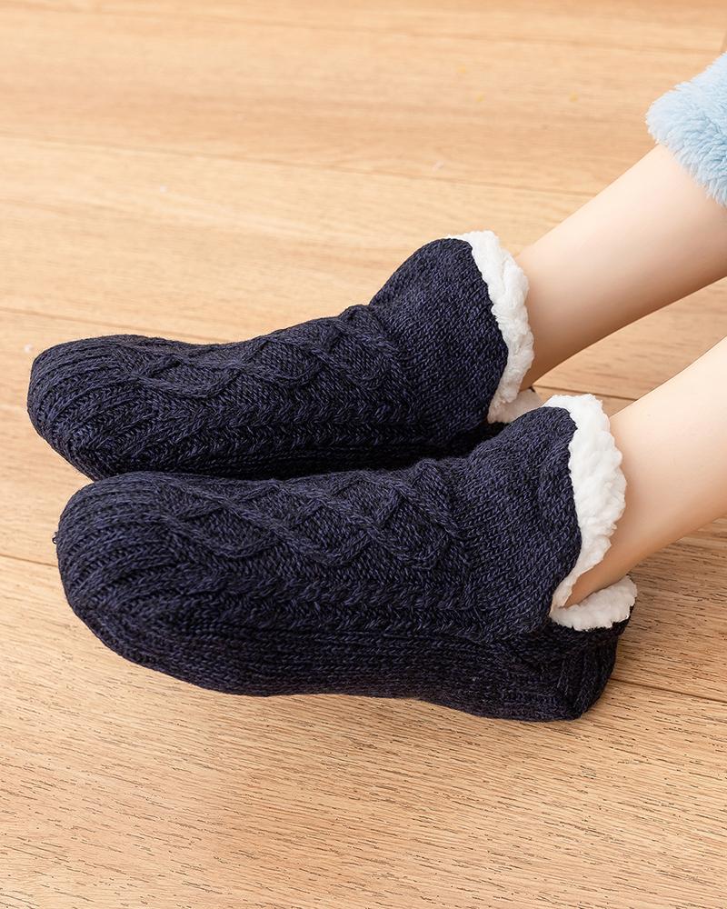 

1Pair Cable Knit Lined Non Slip Fuzzy Trim Socks, Purplish blue
