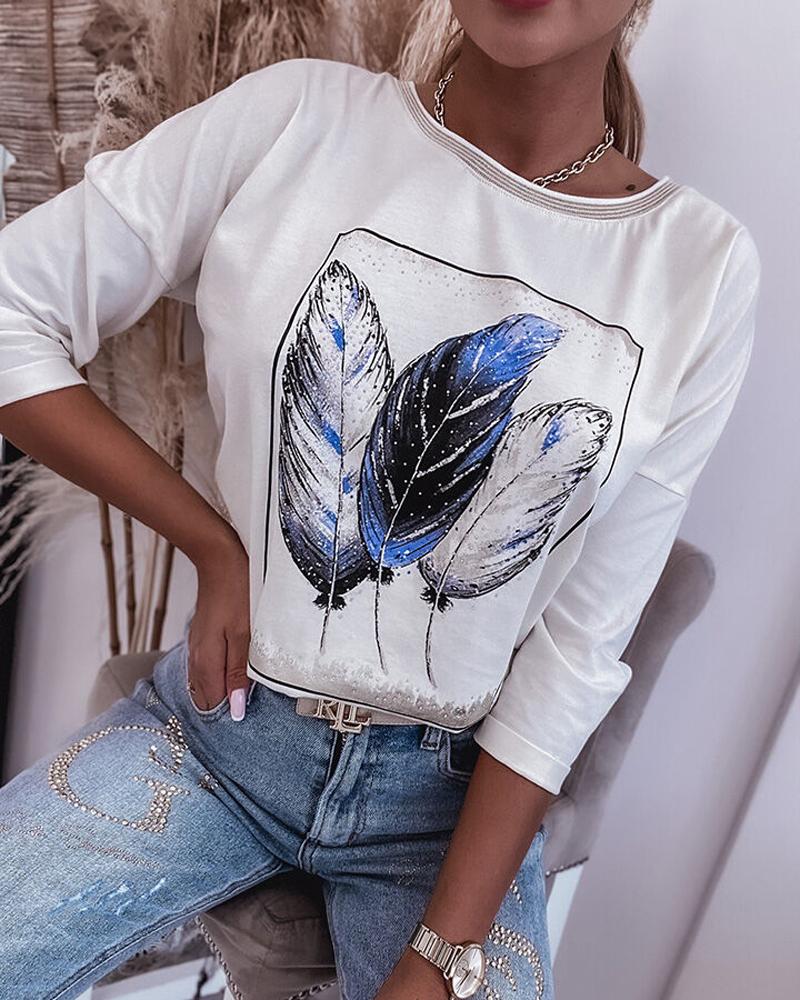 

Feather Print Long Sleeve Top, White