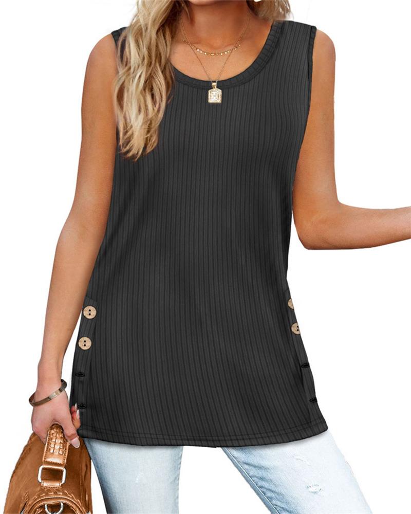 

Round Neck Button Decor Tank Top, Black