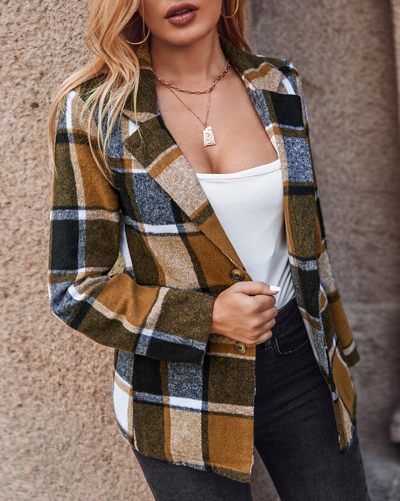 

Plaid Print Buttoned Long Sleeve Blazer Coat, Brown