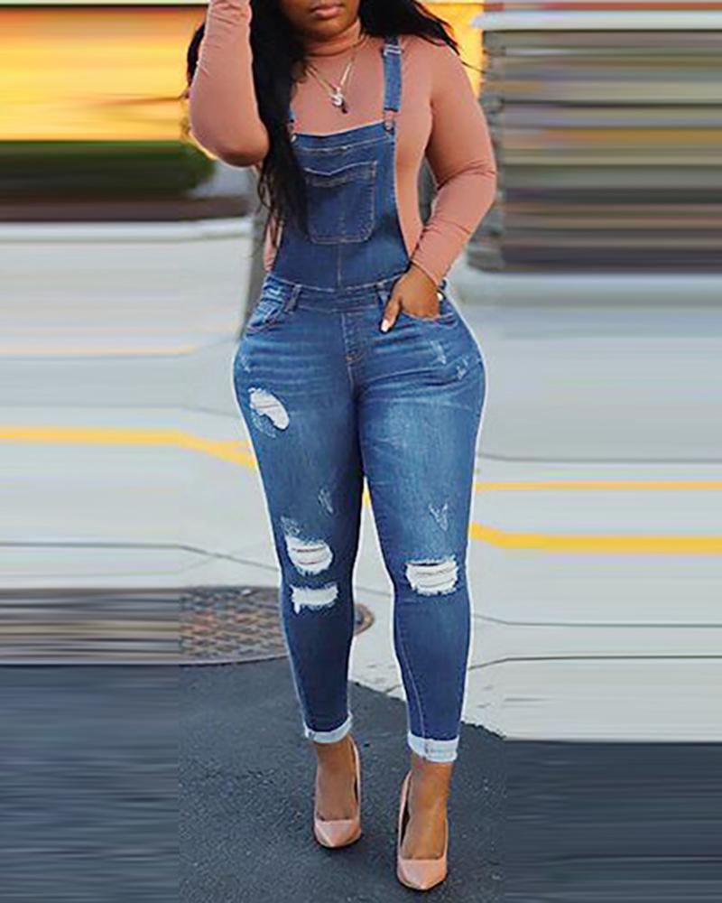 

Ripped Cutout Denim Suspender Jumpsuit, Lighted blue