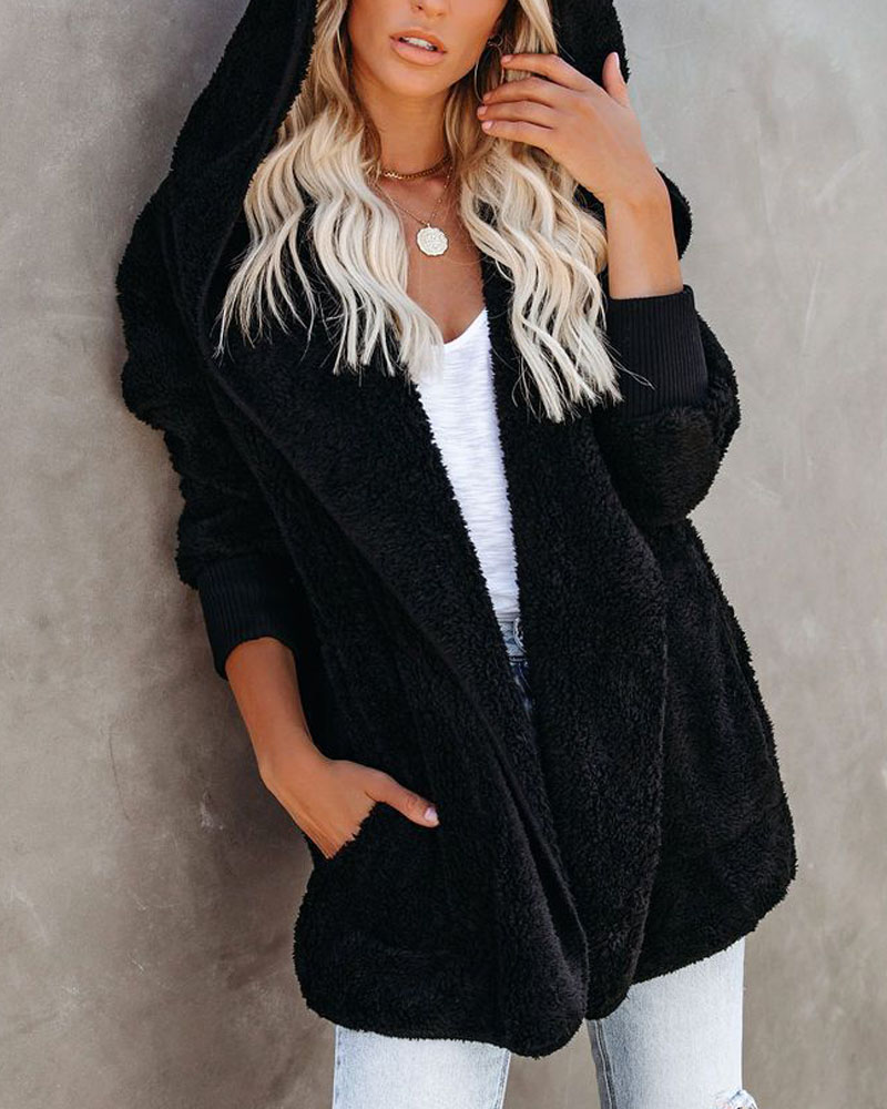 

Long Sleeve Pocket Detail Hooded Teddy Coat, Black