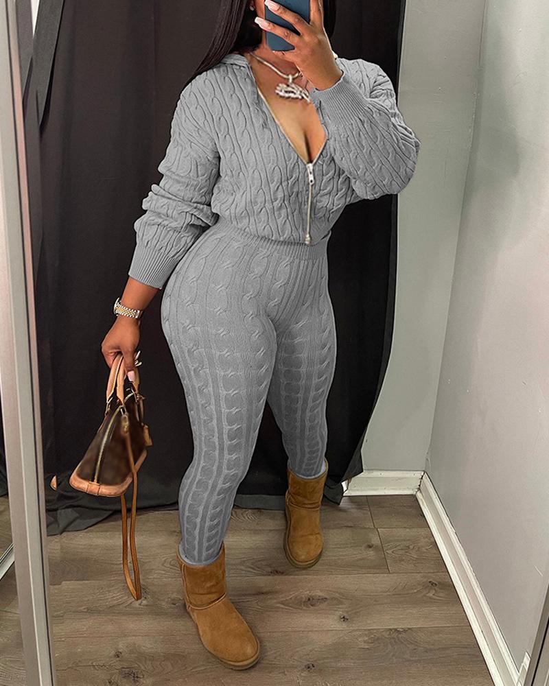 

Long Sleeve Hooded Zip Front Cable Knit Top & Pants Set, Gray