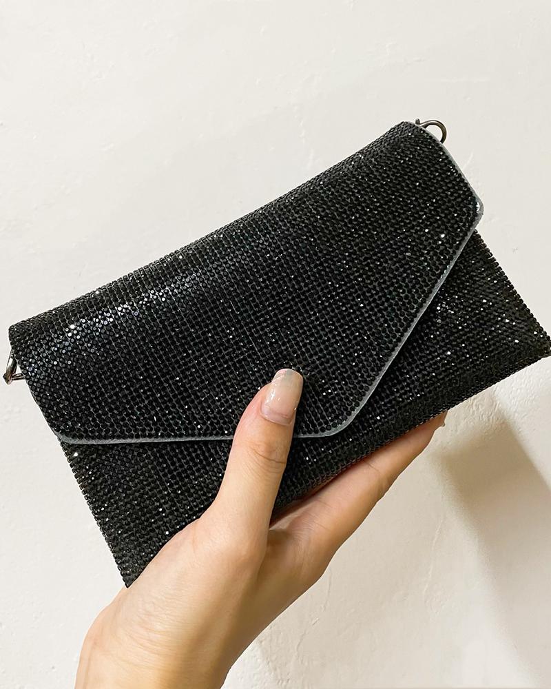 

Allover Rhinestone Evening Envelop Clutch Bag, Black