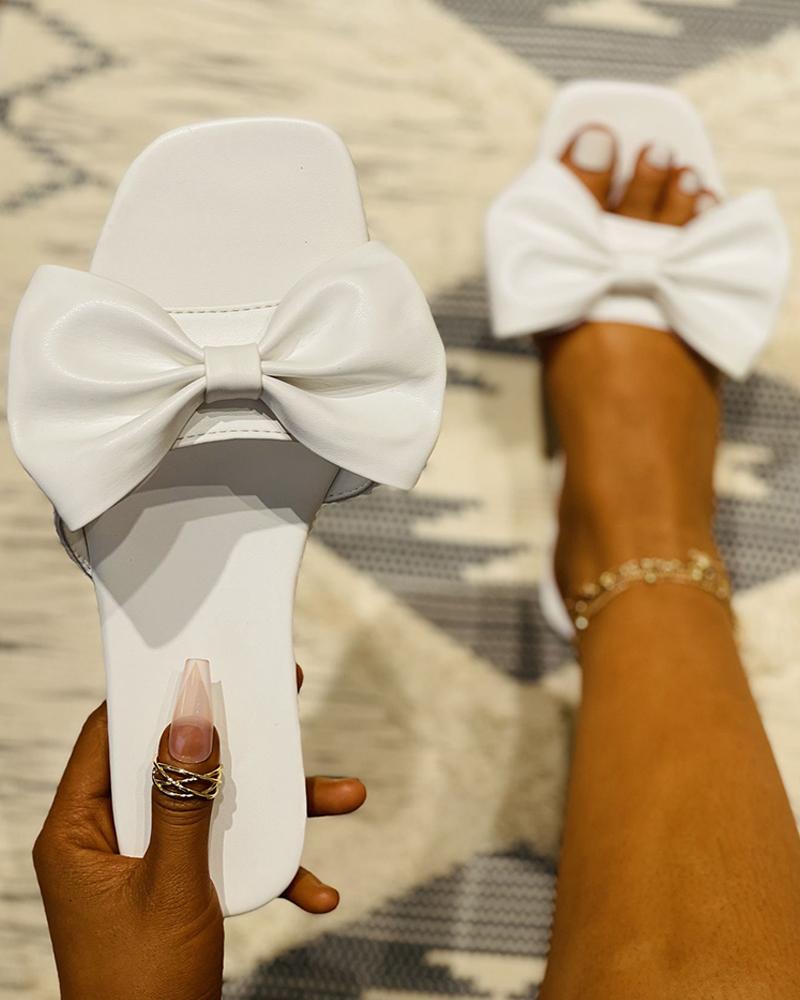 

Bowknot Decor Square Toe Flat Sandals, White
