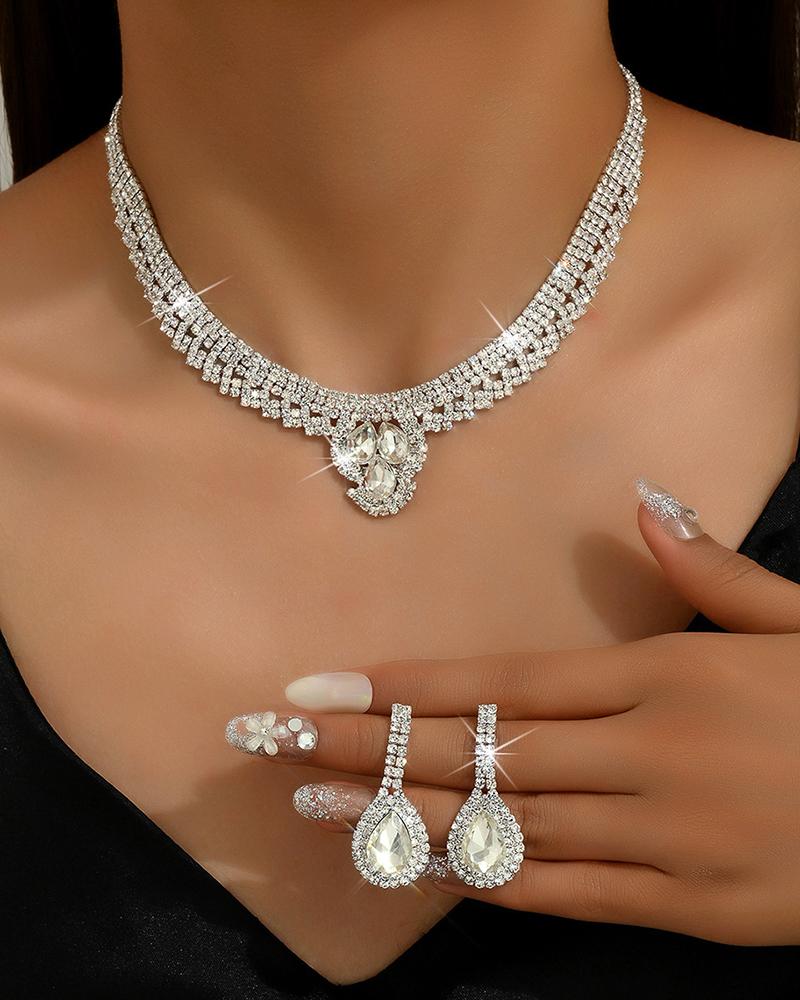 

2PCS Rhinestone Waterdrop Pendant Necklace & Stud Earrings Evening Party Wedding Jewelry Set, Silver