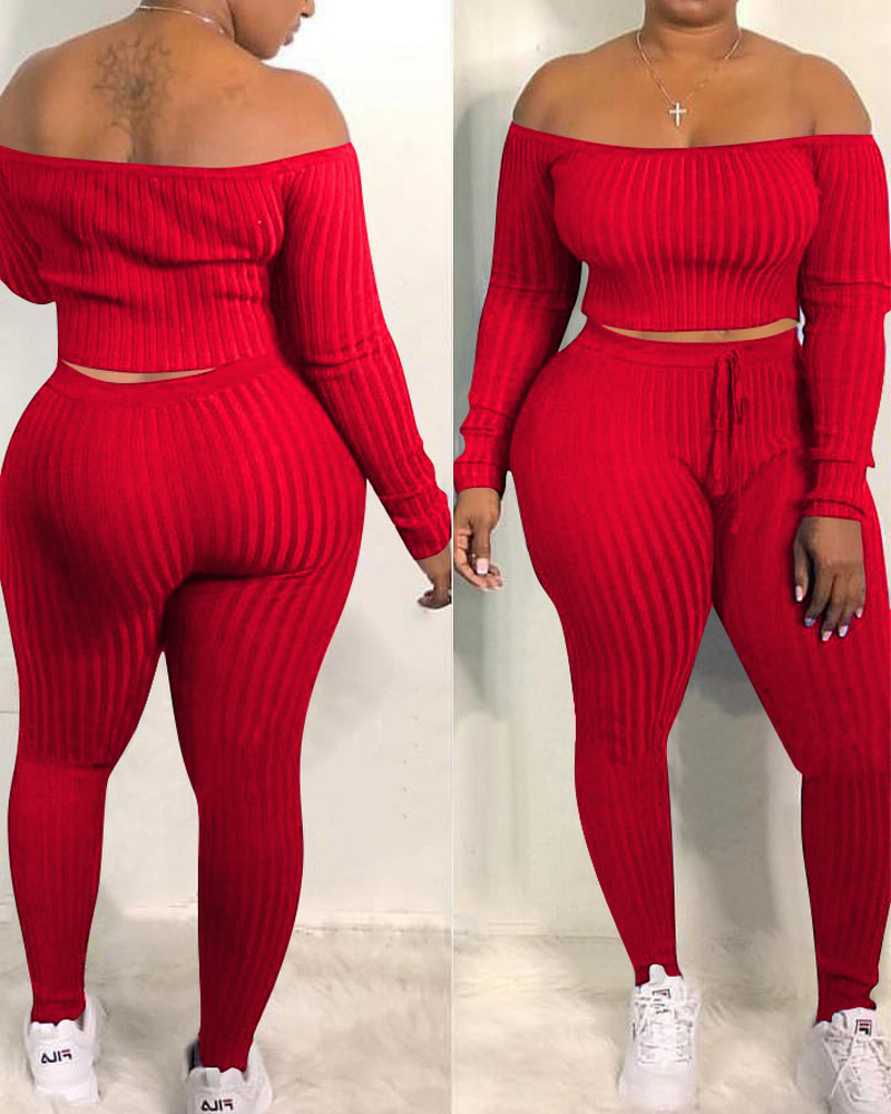 

Off Shoulder Crop Top & Drawstring Pants Set, Red