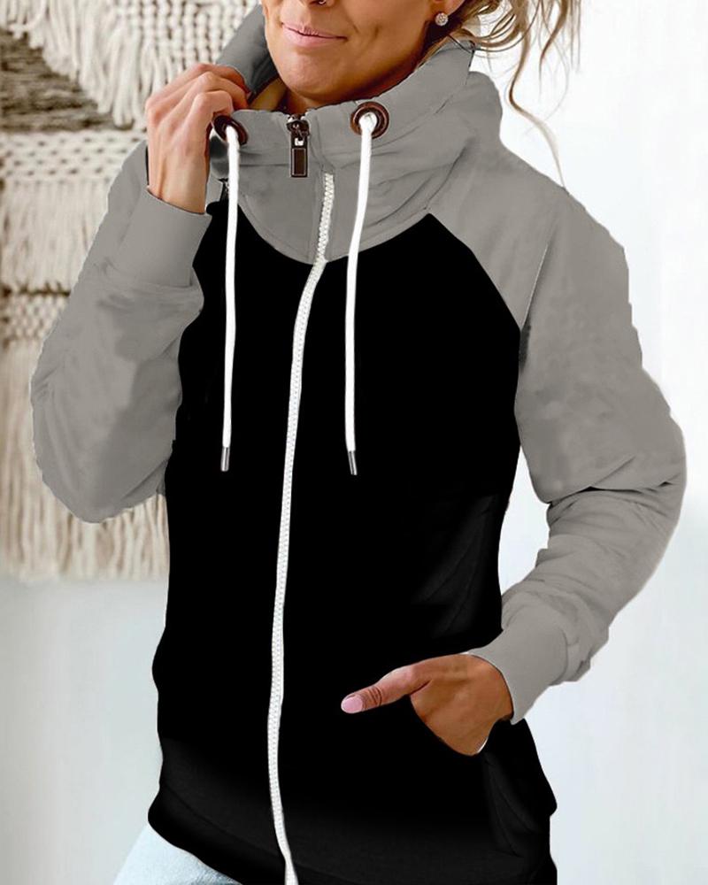 

Colorblock Zipper Pocket Design Lined Coat, Gray