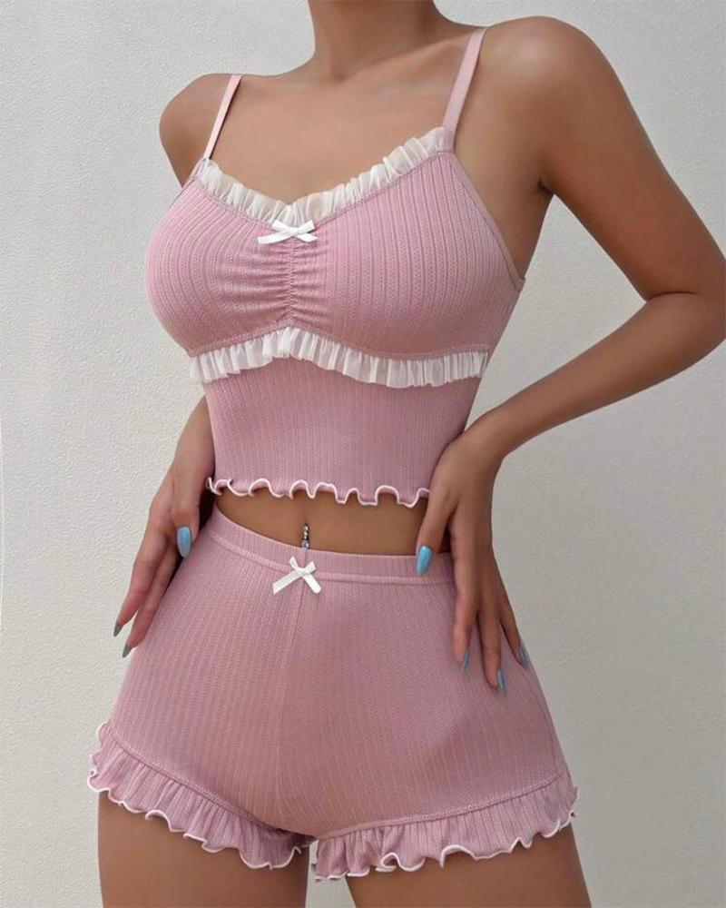 

Ruched Frill Hem Bowknot Decor Cami Set, Pink