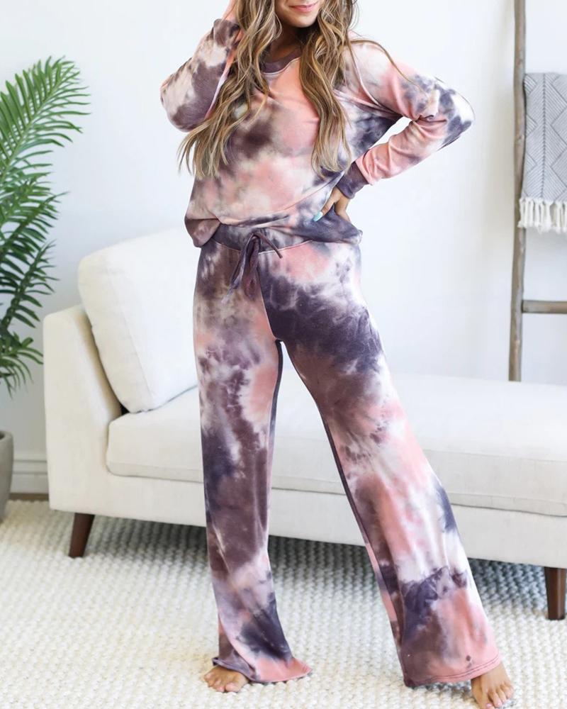

Tie Dye Print Drawstring Long Sleeve Pajamas Set, Black