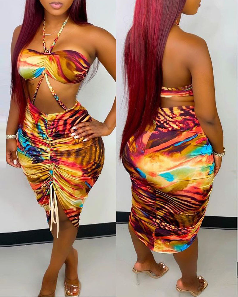 

Abstract Print Cutout Drawstring Ruched Bodycon Dress, Multicolor