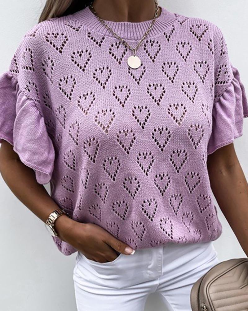 

Heart Pattern Hollow Out Ruffles Hem Short Sleeve Top, Purple